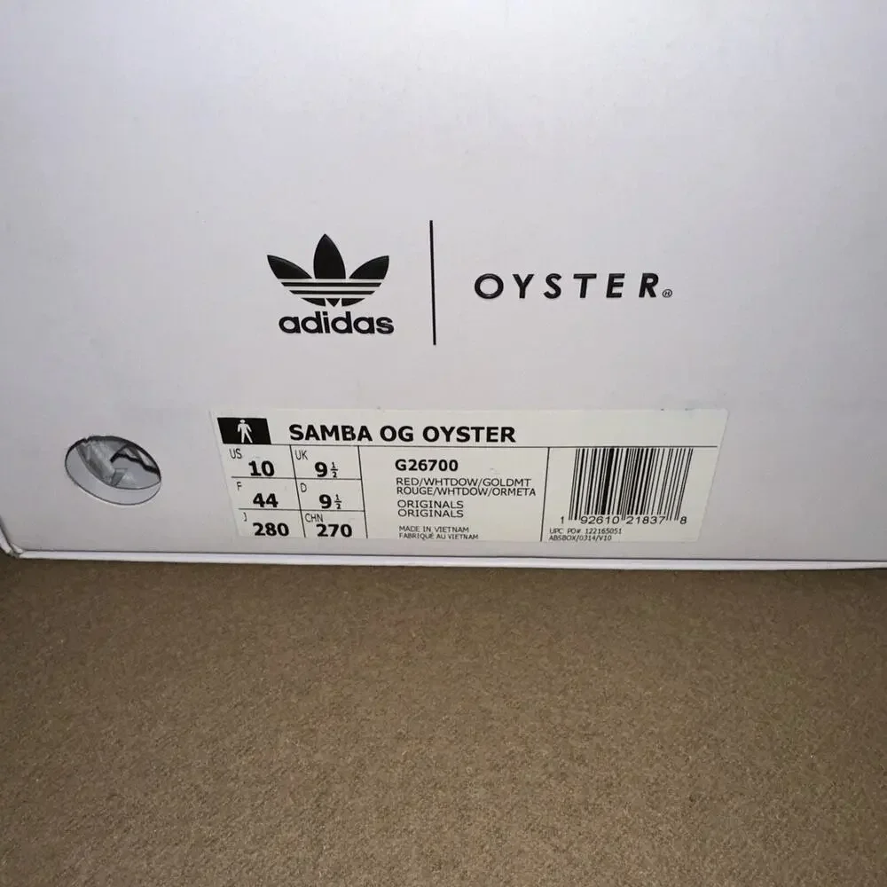 Adidas Men's Samba OG x Oyster size 10 Red with multiple laces and storage/bag